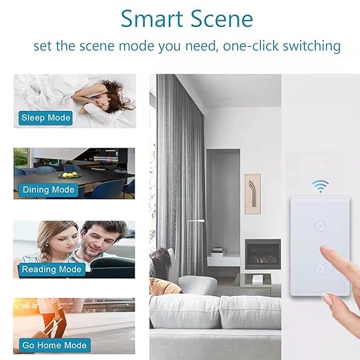 Wireless 2.4GHz Tuya WiFi Smart Light Touch Wall Switch Compatible with Alexa and Google Home for Lamp, Neutral Wire Required, No Gateway Required.Us Standard Electrical(2 Gang White)