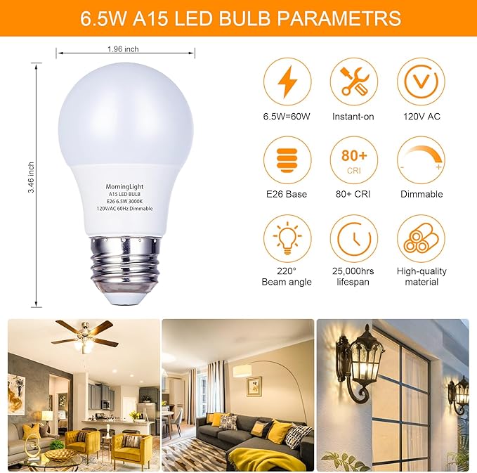 MorningLight 6 Pack A15 LED Light Bulbs 60 Watt, E26 Dimmable LED Light Bulb 3000K Soft White, 6.5W A15 Ceiling Fan Light Bulb for Pendant, Lighting Fixtures, 600 Lumens Bulb