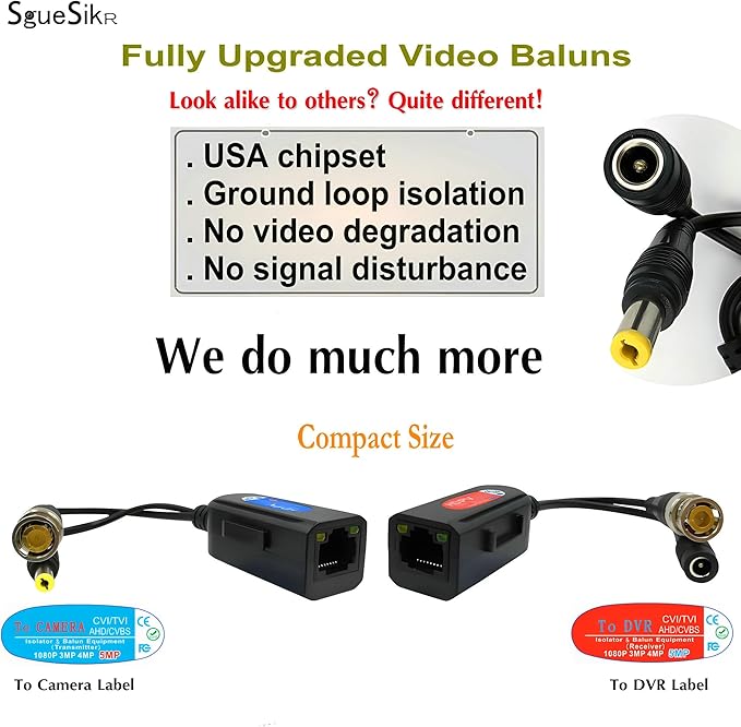 8 Pair Passive Video Balun BNC to RJ45 Adapter with Power, Ground Loop Isolated Cat5e Cat6 to BNC Converter, Analog Security Camera via Ethernet Transceiver - Compact & Waterproof
