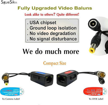 8 Pair Passive Video Balun BNC to RJ45 Adapter with Power, Ground Loop Isolated Cat5e Cat6 to BNC Converter, Analog Security Camera via Ethernet Transceiver - Compact & Waterproof