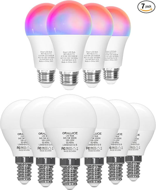 ORALUCE 丨 Bundle - A15 e12 Base Lightbulbs Daylight White 5000K (Pack of 6) & Smart LED Bulb A19 Wi-Fi and Bluetooth (Pack of 4)