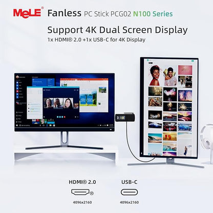 MeLE PCG02 N100 Mini PC Stick 8GB LPDDR5 128GB eMMC, Win11Pro Fanless Micro Desktop Computer Stick, Support HDMI + USB-C 4K Dual Display, 2.4G/5GHz WiFi BT5.1 GbE, for IoT, Digital Signage, Office