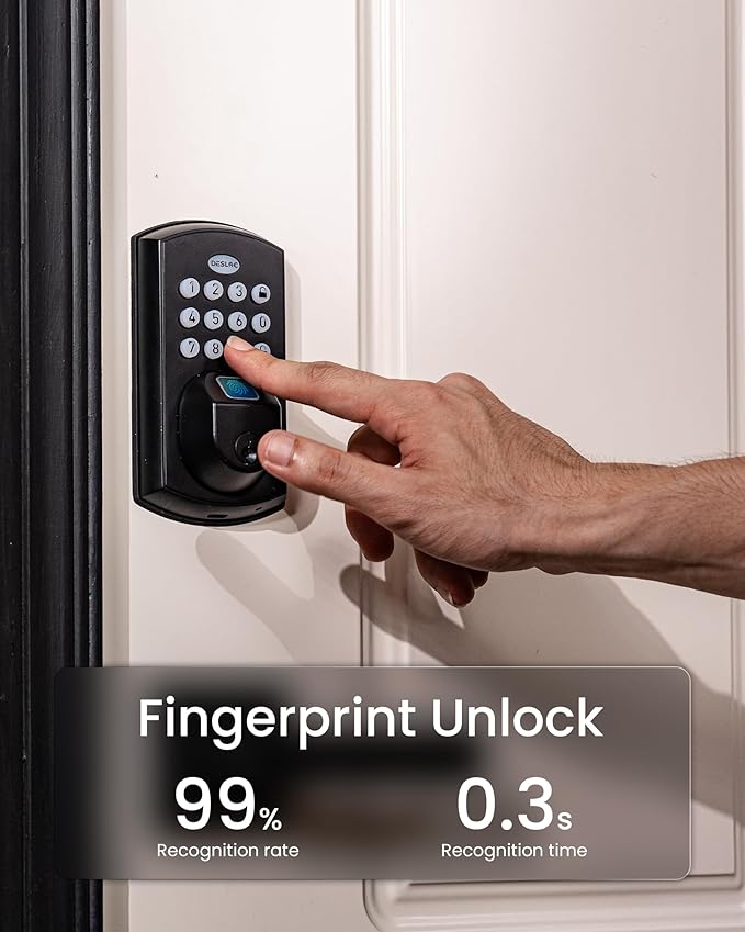 DESLOC A100F Keypad Fingerprint Door Lock, Keyless Entry Door Lock, Smart Lock Deadbolt for Front Door, Easy Installation, Emergency Power Port,12 Months Battery, IP54 Waterproof, 5 Keys