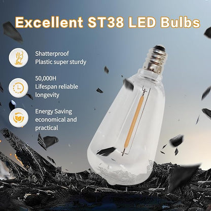 ST38 Replacement Bulbs 10 Pack, Shatterproof IP65 Waterproof Outdoor LED Edison Bulbs, E12 Candelabra Base, Dimmable Warm White 2700K, for Patio String Lights, Chandelier, Ceiling Fan