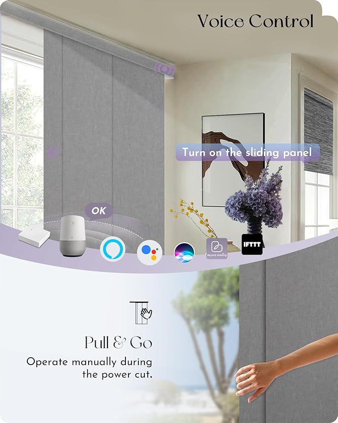 Graywind Rechargeable Smart Sliding Panels Blinds Compatible with Alexa Google Custom Motorized Panel Track Blinds Remote Control for Patio Sliding Door Closet Door Width Up to 177" (Light Grey)