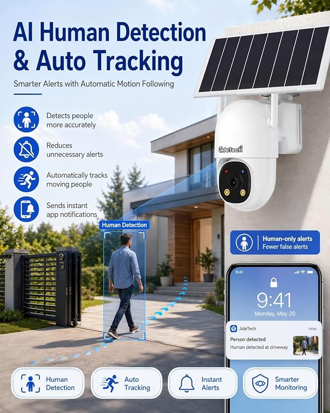 JideTech 24/7 Recording 4G LTE Cellular Security Outdoor Camera, No WiFi Always-On Video AOV PTZ Camera, 8W Solar Panel & 13500mAh Battery, Auto Tracking, Color Night Vision, Built in SIM Card