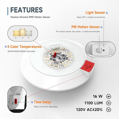 ECOELER PIR Motion Sensor Ceiling Light, 3CCT Selectable Occupancy Light with Time Countdown & Light Sensor, 16W 1000Lm, Hard-Wired Motion Light for Garage, Hallway, Stairwell, 2Pack