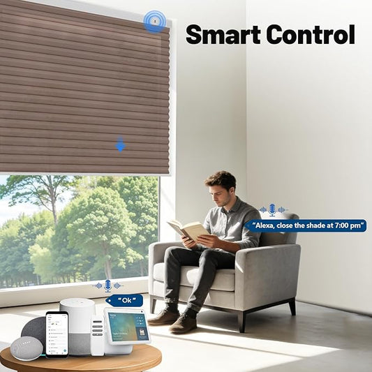 Motorized Cellular Shades with Remote, Light Filtering Smart Cellular Shades Compatible with Alexa, Honeycomb Window Blinds for Bedroom Home Office, Custom Size, Half Shading Brown