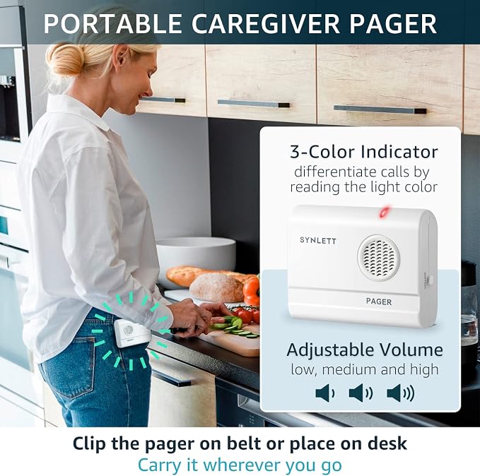2 Caregiver Pagers with 2 Call Buttons & 1 Motion Sensor for Elderly at Home, Bed Exit Fall Prevention Alarm, Must BE PAIRED to Pager to Function