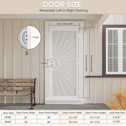 JUBEST 32 in. x 80 in. Security Door, Exterior Front Entry Door, Outswing Steel Security Door with Perforated Metal Screen, Powder Coated White, Lock Not Include