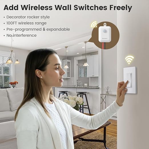 SURAIELEC Wireless Light Switch Receiver Kit, No Neutral Wire for Old Homes | Upgraded Antenna for Metal Box Signal Boost, 100FT Interference-Free Range, 2A 100W LED Decorator Rocker Remote Wall Switch