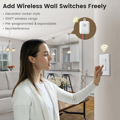 SURAIELEC Wireless Light Switch Receiver Kit, No Neutral Wire for Old Homes | Upgraded Antenna for Metal Box Signal Boost, 100FT Interference-Free Range, 2A 100W LED Decorator Rocker Remote Wall Switch