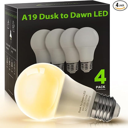 LOHAS Dusk to Dawn Sensor Light Bulbs, 40W Equivalent LED Outdoor Lighting, Warm White 2700K Automatic Photocell Light Bulb Outside, A19 6W Bright Porch Light Bulbs, 500LM E26 for Garage Patio,4 Pack