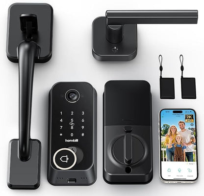 Smart Front Door Lock Sets: 2K HD Camera Lock with Doorbell Kits, Hornbill Fingerprint Keyless Entry Door Lock with Handles, WiFi Deadbolt(only 2.4G) for Remote Control, Free APP/Alexa/PIR, Black