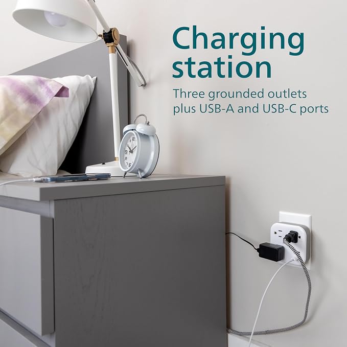 Philips EZFit 3-Outlet Surge Outlet Extender with USB, 1 USB-A, 1 USB-C