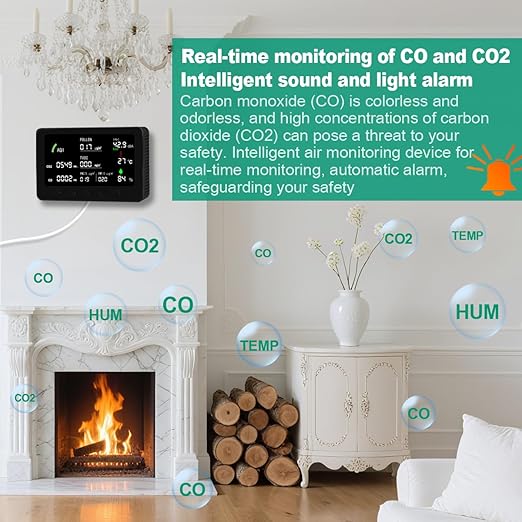 10 in 1 Air Quality Monitor Indoor,with APP 7" Display,Detectors for CO2，Pollen,Noise,Decibel Meter,TVOC,PM1.0,PM2.5,AQI,Temp and Humid,Air Quality Meters for Home,Office (Black)