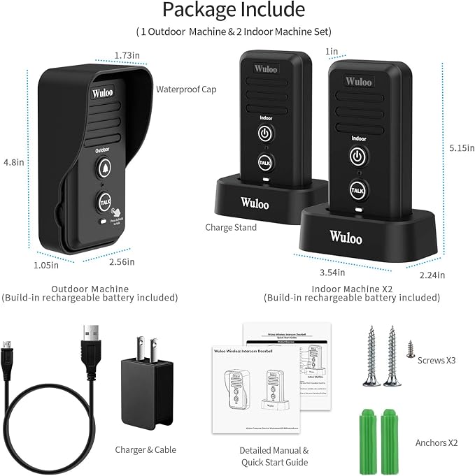Wuloo Wireless Intercom Doorbells for Home Classroom, Intercomunicador Waterproof Electronic Doorbell Chime with 1/2 Mile Range 3 Volume Levels Rechargeable Battery (Black, 1&2)