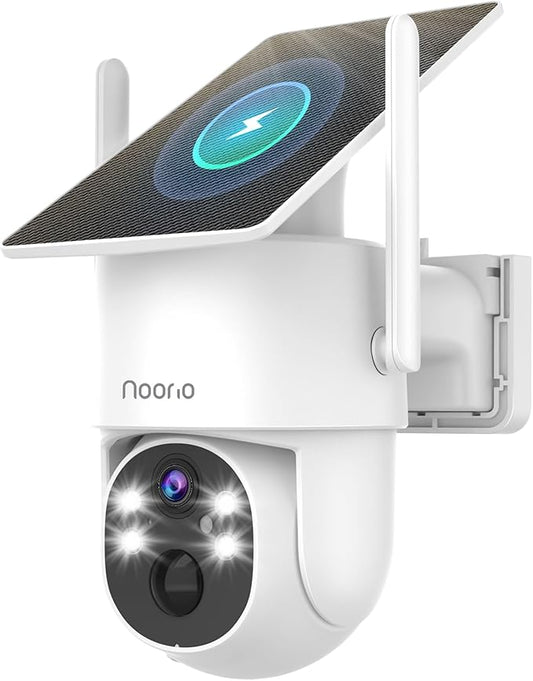 Noorio 2K Solar Security Camera Wireless Outdoor, 360° Pan/Tilt Camera with Dual-Band WiFi 2.4/5G, Fixed Solar Panel, AI Human Detection, Color Night Vision, 4MP, IP65 Weatherproof, 2-Way Audio