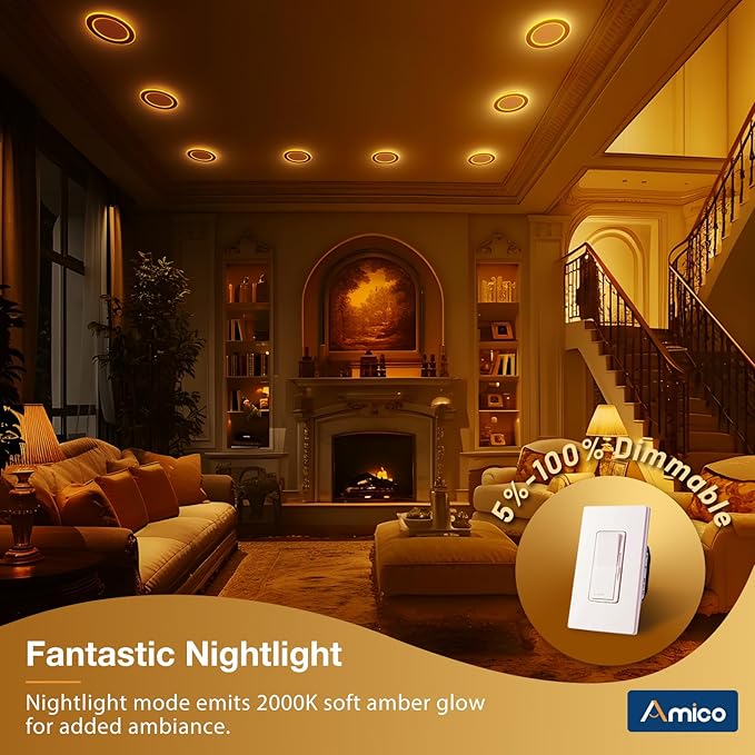 Amico 1 Pack 6 Inch 5CCT LED Recessed Ceiling Light with Double Ring Night Light, 2700-5000K Selectable Ultra-Thin Recessed Lighting, 12W=110W, 1100LM, Dimmable Canless Wafer Downlight, ETL, FCC