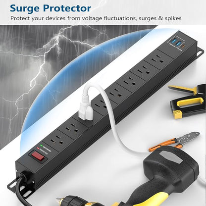 2 Packs 8 Outlet Heavy Duty Power Strip with USB PD 20W, BTU Surge Protector 6FT Cord Long Power Strip with USB A & USB C, Wide Spaced and Wall Mount Metal Powerstrip for Home Office Garage Workshop