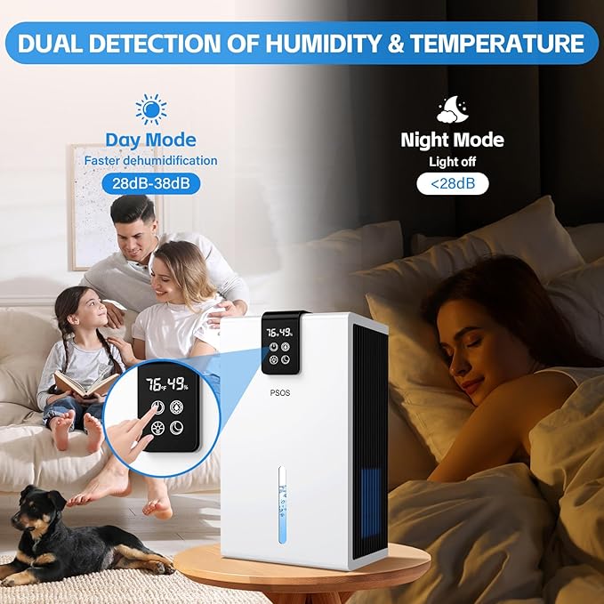 PSOS Dehumidifier, 98 OZ Water Tank, Dehumidifiers for Home, (1000 sq.ft) Quiet Dehumidifier for Bedroom Bathroom Basement with Humidity Display, Auto Shut Off, Relaxing 7 Color Ambient Light(White)