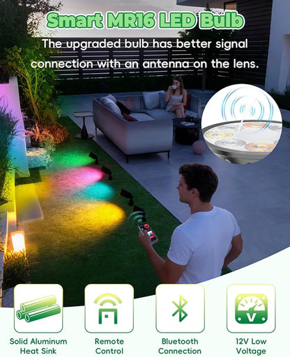 Upgraded Bluetooth MR16 RGBW Smart Bulb, 12V RGB MR16 LED Bulb Color Changing, CCT Tunable 2700K to 6500K, Dimmable with Remote and App Control for Outdoor Low Voltage Landscape Lights 2PCS
