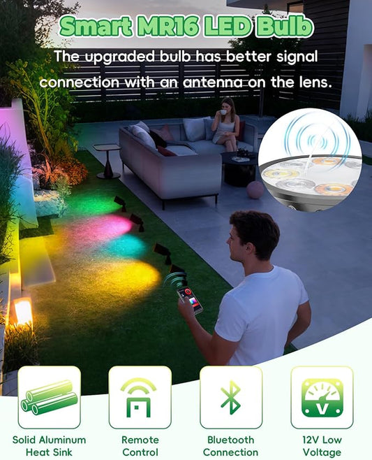 Upgraded Bluetooth MR16 RGBW Smart Bulb, 12V RGB MR16 LED Bulb Color Changing, CCT Tunable 2700K to 6500K, Dimmable with Remote and App Control for Outdoor Low Voltage Landscape Lights 2PCS