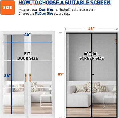MAGZO Magnetic Screen Door Fit Door Size 46 x 86 Inch, Screen Size 48" x 87" Strong Magnet French Style Mesh, Heavy Duty Polyester Mesh with Hook & Loop for Sliding Entrance, Gray