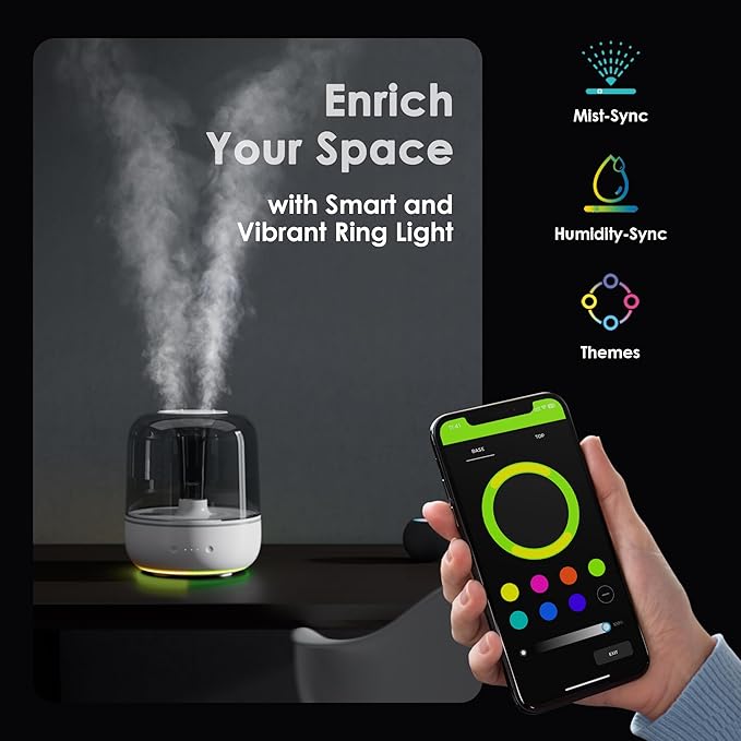 Airversa Humidifiers for Home Bedroom Large Room Smart Works with Apple Home over Thread 5.5L Cool Mist for Indoor Use App/Voice Control, Dazzling Lighting Effects (Pebble Grey, Humelle AH1)