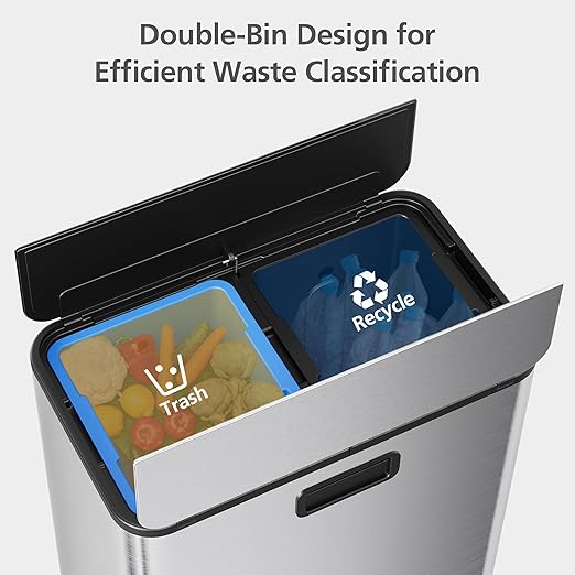 Garvee Kitchen Dual Trash Can, 15 gal Large Recycling Bin Garbage Can with Butterfly Lid, Fingerprint Resistant Stainless Steel Trash Bin for Kitchen, Living Room, Office (2 x 28 L)