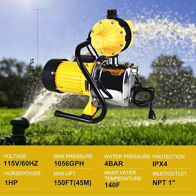 1 HP Shallow Well Jet Pump with Automatic Control for Whole House,110v Water Pressure Booster Pump Smart Pressure with Switch System,Stainless Steel Water Pump for Home Garden Irrigation