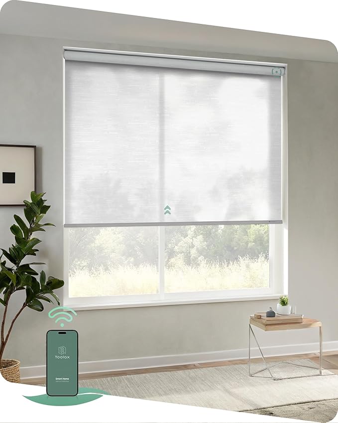 Yoolax Motorized Shades App Control, Light Filtering Automatic Blinds for Indoor Windows, Electric Roller Shades for Bedroom Living Room Office (Soft Jacquard White, 41" W x 72" H)