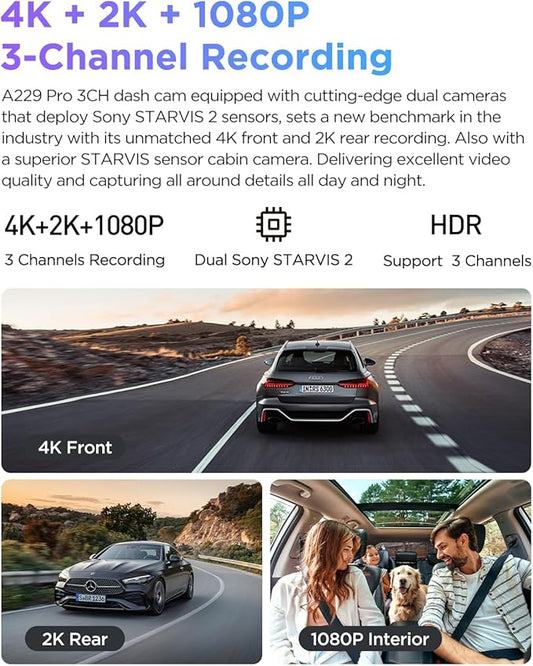 VIOFO A229 Pro 3 Channel 4K HDR Dash Cam, Dual STARVIS 2 Sensors IMX678 & IMX675, 4K+2K+1080P Front Inside and Rear Triple Car Camera, 5GHz WiFi GPS, Voice Control, 24H Parking Mode