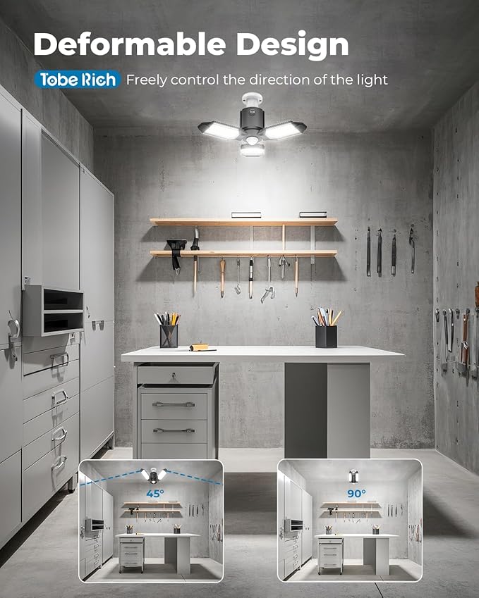 toberich Motion Sensor Garage Lights 4 Pack, 8000LM Motion Sensor Shop Light w/ 3 Switch Modes, 6500K Indoor Motion Activated Light Bulb for Garage, Workshop, Utility Room, Basement