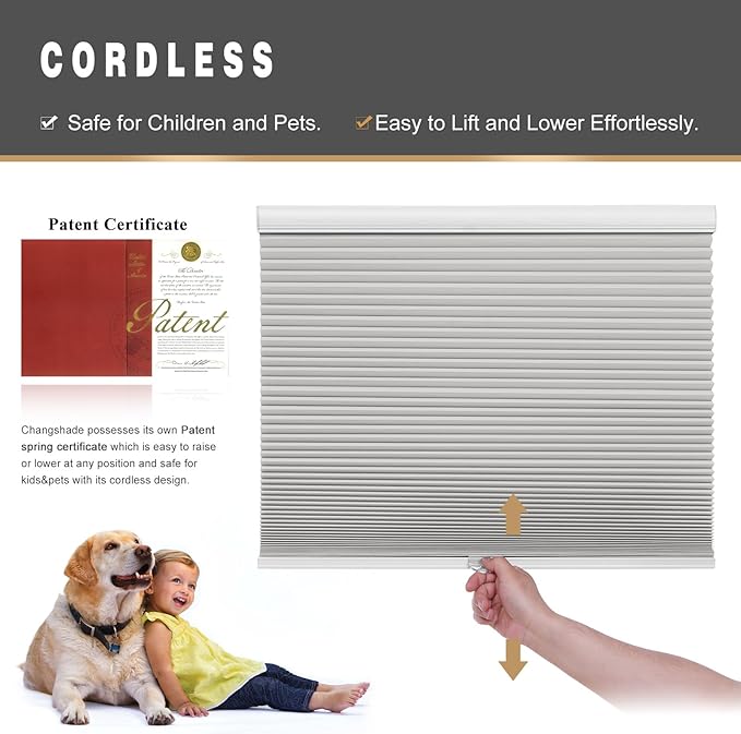 Changshade Custom Cellular Shades Blackout Blinds Cordless for Indoor Windows, Room Darkening Light Blocking Black Out Honeycomb Blinds for Living Room, Bedroom, Bathroom, Grey