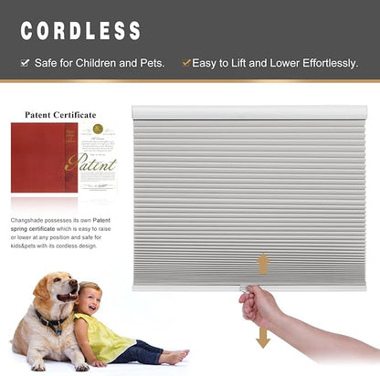 Changshade Custom Cellular Shades Blackout Blinds Cordless for Indoor Windows, Room Darkening Light Blocking Black Out Honeycomb Blinds for Living Room, Bedroom, Bathroom, Grey