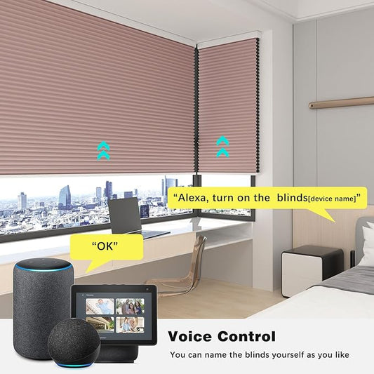 Changshade Blackout Smart Blinds Cellular Shades for Windows Doors Motorized with Remote Control, Custom Size Automatic Honeycomb Blind Electric Power Compatible with Alexa, Google Home, Pink