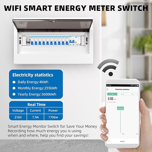 WiFi Smart Energy Meter AC 63A 80-300V WiFi Smart Earth Leakage Over Under Voltage Protector Relay Device Switch Breaker Energy Power kWh Meter Smart Life 110V,Compatible with Alexa Google Home