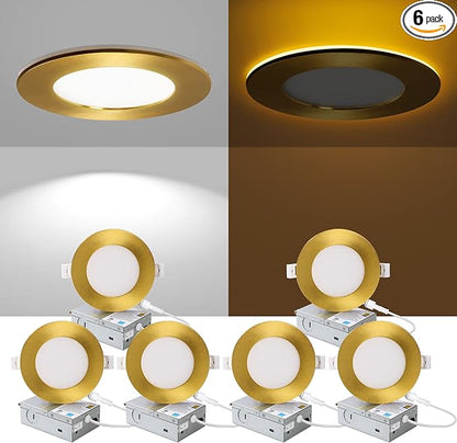 ZYC Recessed Lighting 4 Inch - 9W 800LM LED Recessed Ceiling Light with Night Light,2700K/3000K/4000K/5000K/6000K Selectable Ultra-Thin Lighting,Dimmable Canless Wafer Downlight,Pack of 6（Gold）.