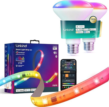 Linkind Matter Smart Light Bulb BR30 1200LM 2 Pack and LED Strip Lights RGB 10ft Compatible with Alexa and Google Home