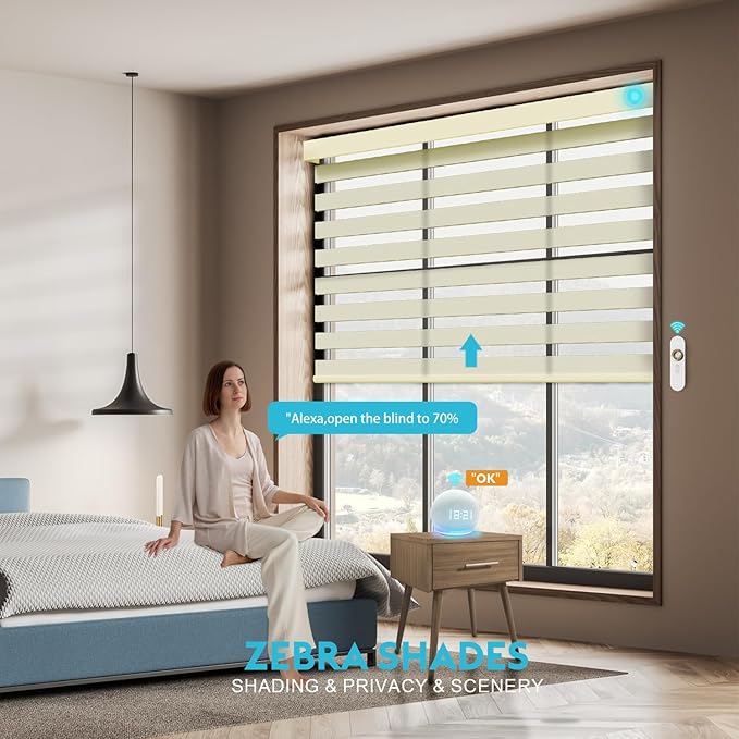 Motorized Zebra Blinds with Remote, Work with HomeKit Alexa, Smart Light Filtering Horizontal Automatic Electric Window Shades for Home Office Customsize(55% Blackout Beige)