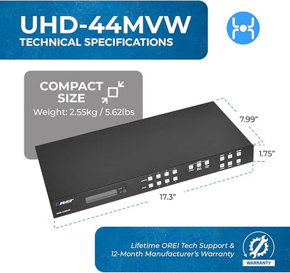 OREI 4K 4x4 HDMI Matrix Video Wall Controller Processor Multiviewer Display Upto 4K 60hz 2x1, 1x2, 1x3, 1x4 Supports 180 Degree Rotate RS-232 Audio Extraction (UHD-44MVW)