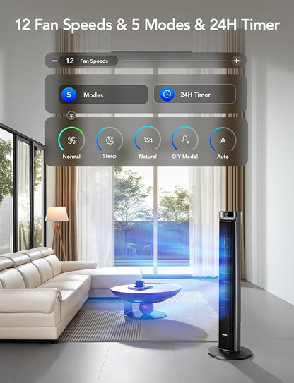 GoveeLife 42'' Tower Fan for Bedroom, Smart Floor Fans with 150° Adjustable Oscillating, APP & Voice Control, 5 Modes 12 Speeds up to 26ft/s, 24H Timer, 27dB Quiet Fan for Cooling Home Office Silver | Smart Floor Fans for Bedroom, up to 26ft/s, APP & V...