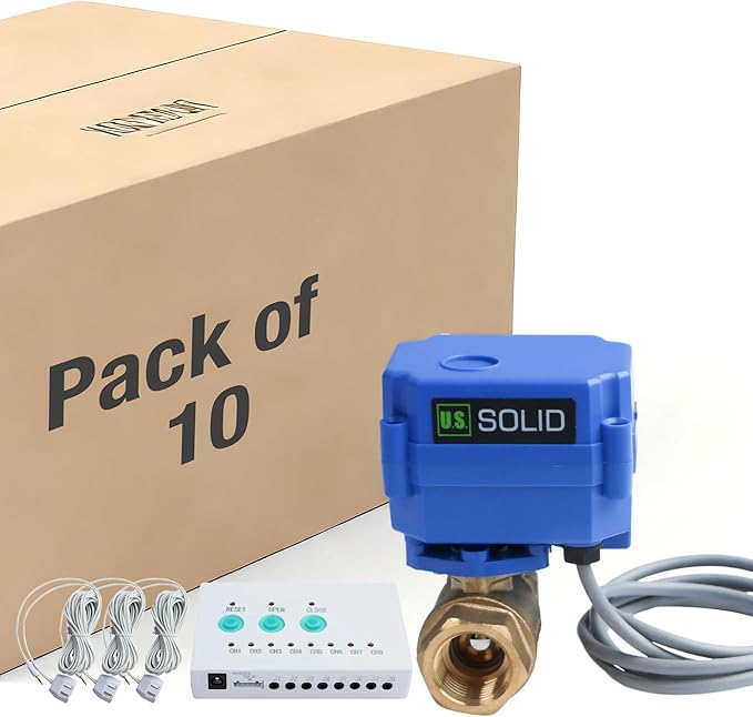 U.S. Solid Water Leak Detector with Auto Shutoff Valve, Sound Alarm, 3/4" Motorized Ball Valve & 3 Sensors, Home Flood Prevention & Water Damage Defense for Basement, Laundry, Water Heater (10PCS)