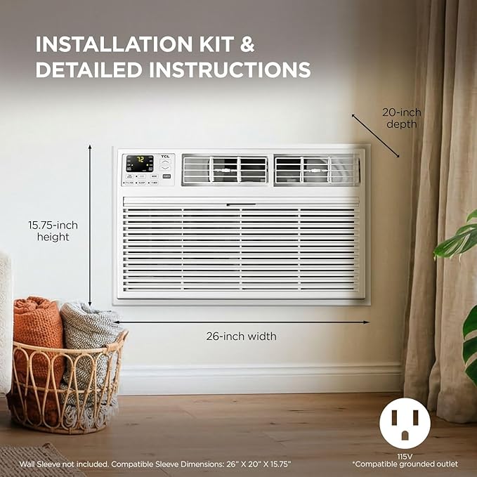TCL H8T9E1-A 8,000 BTU Smart Through-The-Wall Air Conditioner, Fan & Dehumidifier, 350 Sq. Ft, Remote Control, Compatible with Alexa/Google Assistant, White