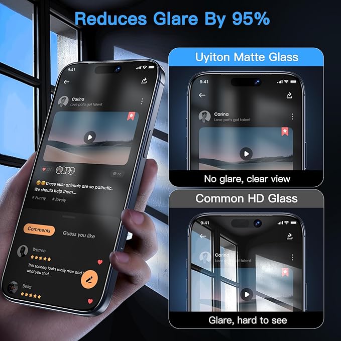 Uyiton for iPhone 17 Pro Matte Privacy Screen Protector - Anti-Fingerprint [Easy to Install] Anti-Spy Shatterproof Full Coverage 9H Tempered Glass Screen Cover, 2 Pack