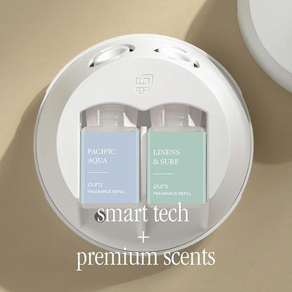Pura Smart Home Fragrance Device Starter Set - Pura 4 - Scent Diffuser for Home - Includes Fragrance Aroma Diffuser - Square Box, Pacific Aqua and Linens & Surf Scent Refills