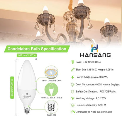 E12 LED Light Bulbs 4000K Natural Daylight, 60W Type B Light Bulb for Chandelier, Small Candelabra Base, B11 Ceiling Fan Light Bulbs, 5W, 500LM, 4 Pack, Non-dimmable