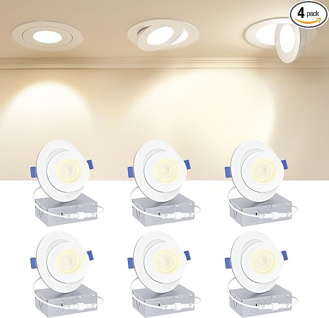 Ensenior 6 Pack 4 inch Gimbal Led Recessed Light with Junction Box, 90° Adjustable Directional Eyeball Lighting, Dimmable, 2700K/3000K/3500K/4000K/5000K, 900LM, 9W=85W-ETL&FCC Certified