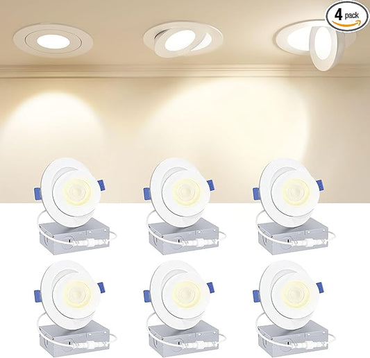 Ensenior 6 Pack 4 inch Gimbal Led Recessed Light with Junction Box, 90° Adjustable Directional Eyeball Lighting, Dimmable, 2700K/3000K/3500K/4000K/5000K, 900LM, 9W=85W-ETL&FCC Certified